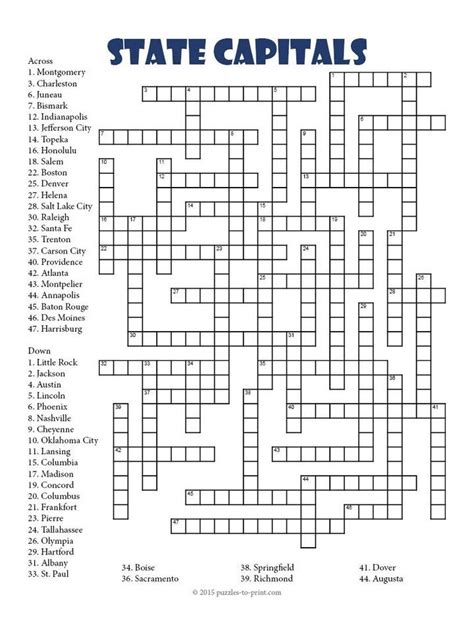 Free Printable State Capitals Crossword States And Capitals