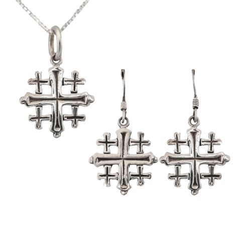 Jerusalem Cross Earrings And Pendant Set Sterling Silver Holyland