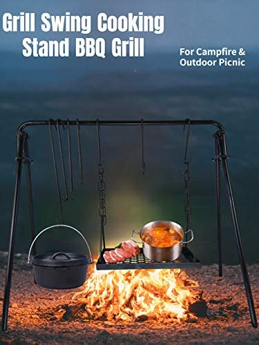 Swing Grill Campfire Cooking Stand Bbq Carbon Steel With Hooks For