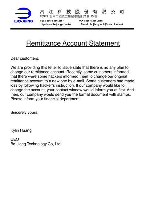 You can use this letter if you are moving and would like to notify friends, family and business associates. Remittance Account Statement | Bo-Jiang News and Events ...
