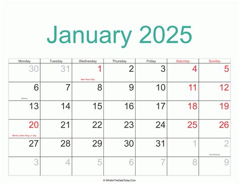 January 2025 Calendar Printable With Holidays Whatisthedatetodaycom