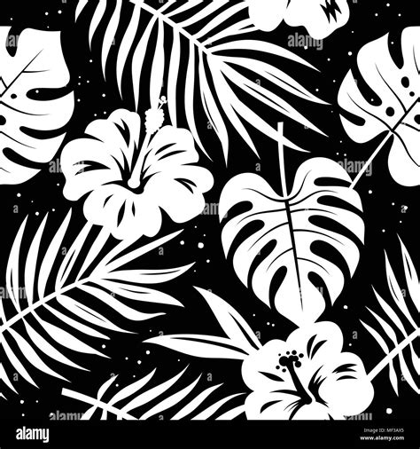 Seamless Pattern With Tropical Leaves And Flowers Hand Drawn Vector