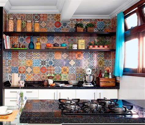 Colorful Pattern Floral Tile Wall Kitchen Design With White White