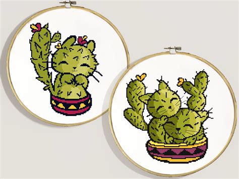 Amazing decor for your room or kids bedroom. Set of 2 Cute cactus Cat cross stitch pattern modern easy ...