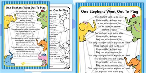 One Elephant Went Out To Play Nursery Rhyme Poster Nursery Rhymes