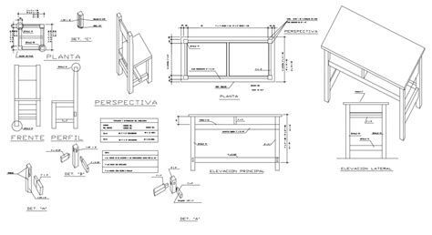 Table And Chair Isometric View With Its Part Joint View With Plan And