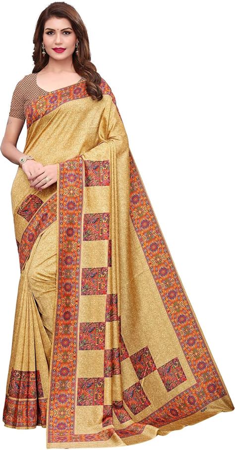 Womens Floral Digital Printed Assam Silk Saree With Unstitched Blouse Piece Beige