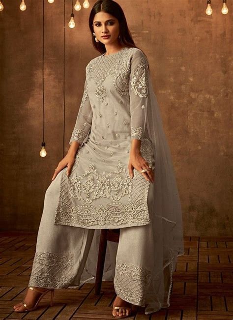 Off White Traditional Embroidered Palazzo Pant Suit Hatkay Celana