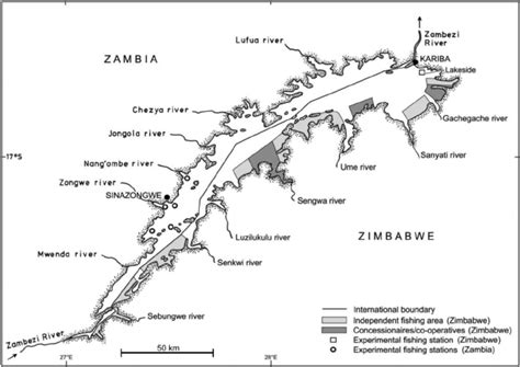 From mapcarta, the open map. Map of Lake Kariba on the Zambezi River between Zambia and Zimbabwe.... | Download Scientific ...