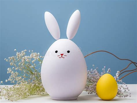 Cute Egg Shaped Rabbit Toy And Painted Easter Egg Concept Of Happy