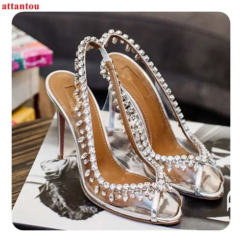 luxury crystal woman s high heels bling bling rhinestone pvc sandals peep toe sexy pumps thin