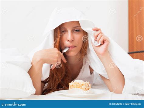 Woman Eating Sweet Cake Under Sheet Stock Photo Image Of Tart Duvet