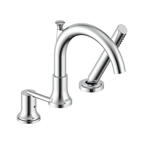 Remember, all roman tub filler faucets require a valve to be installed under the deck for delta ara collection stainless steel finish modern roman tub filler faucet with hand shower trim kit (rough in valve sold separately) 682783. T3759 Trinsic® 3 Hole Roman Tub with Hand Shower : Bath ...