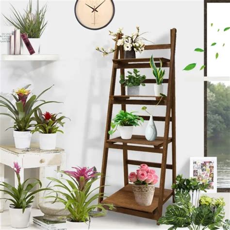 4 Tier Foldable Plant Shelf Indoor Flower Pot Holder Ladder Wood