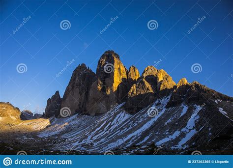 Sunset In Tre Cime Di Lavaredo Dolomites Alps Italy Stock Image