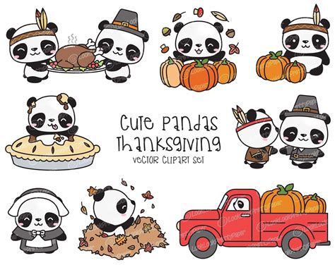 Premium Vector Clipart Kawaii Thankgiving Pandas Cute Etsy Clip Art