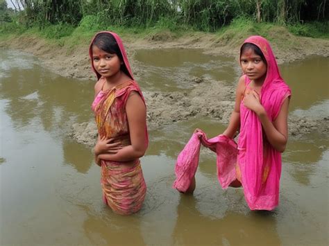 Ai Created Image Bangladeshi Village 13 Years Girl Bathing In River