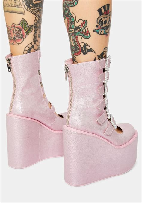 Sugar Thrillz Rhinestone Buckle Wedge Platform Boots Pink Sparkle Dolls Kill