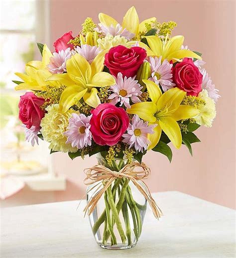 Pink Purple Red Roses Daisies Flowers Bouquet Small Vase Flower