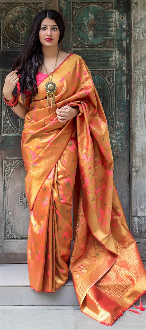 Golden Kanchipuram Silk Saree With Multi Colored Lotus Motif Weaving South Silk Sarees Saree