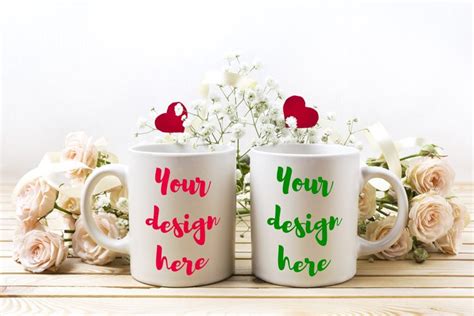 Two White Coffee Mug Mockup With Pale Pink Roses And Hearts