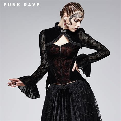 Punk Rave Long Sleeve Sexy Gothic Black And Red Flocking Lace Coat Y