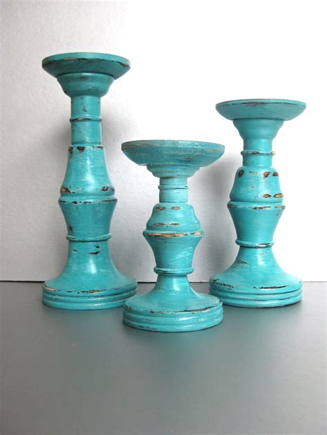 Turquoise Candle Pillars Wood Candle Holders Rustic Etsy