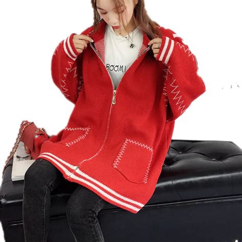 2018 Loose Korean Red Knitted Cardigans For Women Oversized Sweaters