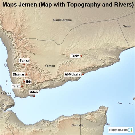 StepMap Maps Jemen Map with Topography and Rivers Landkarte für Yemen