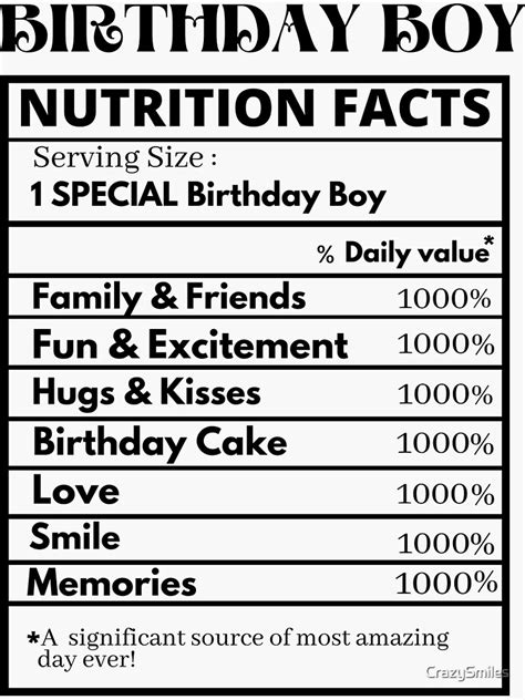 "Birthday boy nutrition facts" Sticker by CrazySmiles | Redbubble