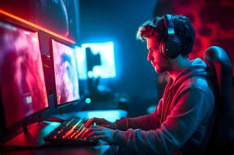 Premium Ai Image Young Caucasian Gamer With Headset Playing Video