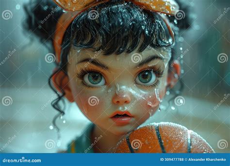 Cute Cartoon Athlete Girl Plays Basketball Extreme Closeup Generative