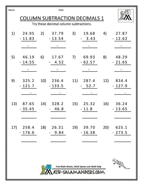 The list includes all questions with their answers. 5 grade math | 5th grade math practice column subtraction ...