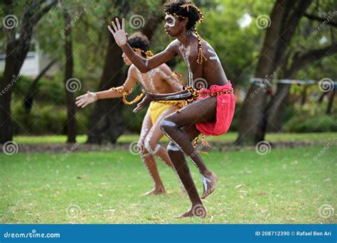 Aboriginal Australians Men Dancing Traditional Dance During Australia Day Celebrations Editorial