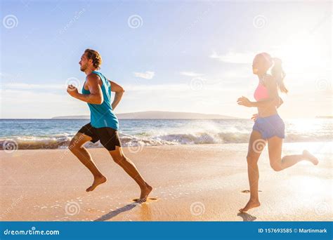 Jogging Couple Morning Beach Run Healthy Lifestyle Active People
