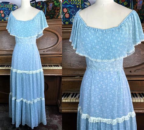 Vintage Blue Ruffle Gunne Sax Style Festival Prairie Dress Cotton Lace Sweet Boho Hippy Small By