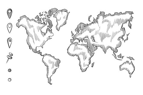 Hand Drawn Rough Sketch World Map With Doodle Pins By Microvector
