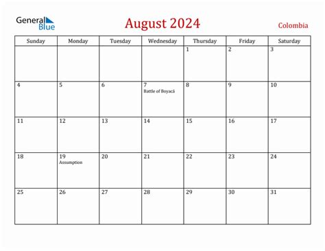 August 2024 Monthly Calendar With Colombia Holidays