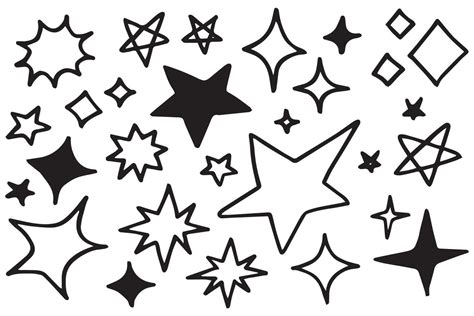 Set Of Black Hand Drawn Doodle Stars In Isolated On White Background