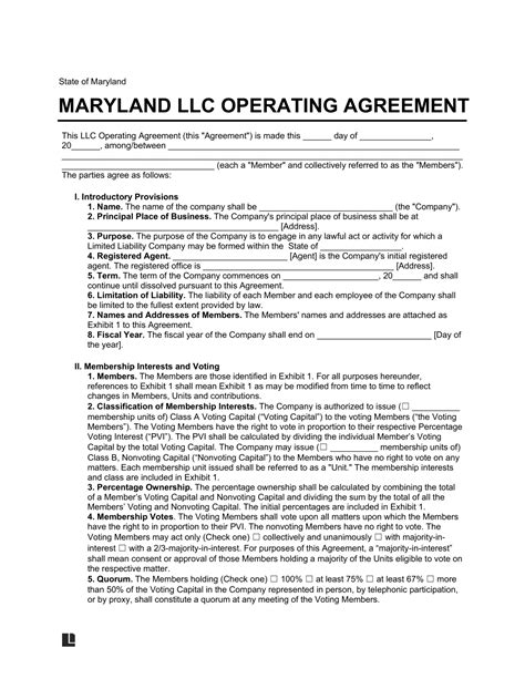 Free Maryland Llc Operating Agreement Template Pdf And Word