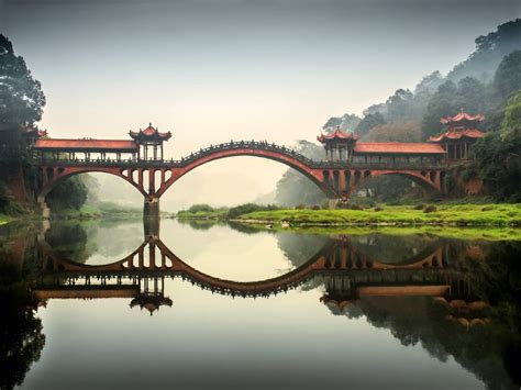 Bridge Reflection Landscape China Sichuan Wallpapers Hd Desktop