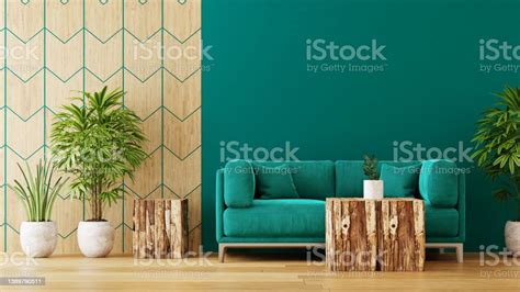 Interior Room With Green Wall And Plant 3d Render Stock Photo