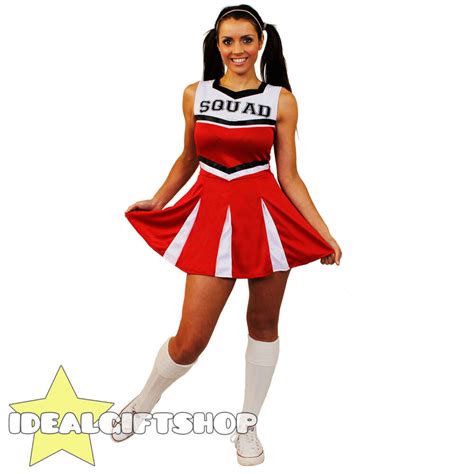 Ladies High School Red Cheerleader Dress Fancy Dress Costume Uniform Outfit Ebay