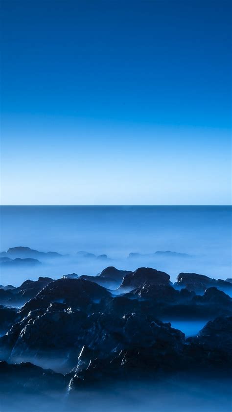 Seascape Wallpaper 4k Blue Horizon Clear Sky Ocean Rocks Sunrise