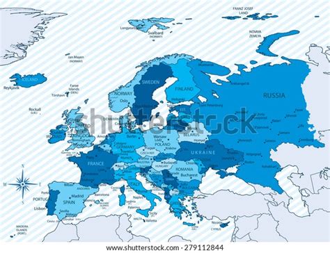 Vector Illustration Of Europe Map With Countries In Blue Color Each Country Has Its Capital And