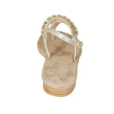 Womans Thong Sandal With Rhinestones In Platinum Laminated Leather Heel 2