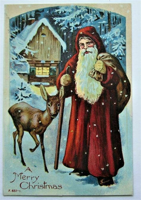Santa Claus In Snowy Woods With Reindeer 1910 Gel Emboss~christmas