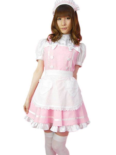 Sweet Pink White Puff Short Sleeves Maid Cosplay Costume