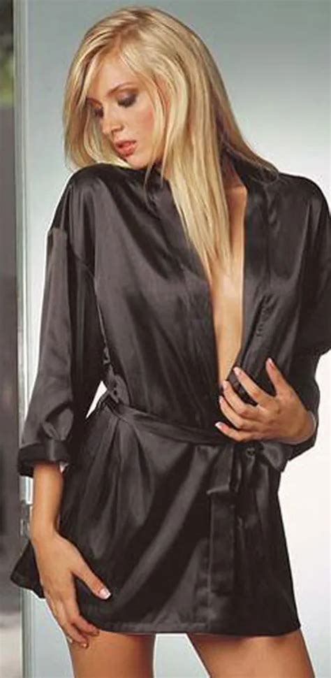 Sexy Black Satin Night Gown Robe Lady Sexy Sleepwear Babydoll For