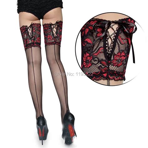 Punk Maid Sexy Cuban Heel Back Seam Stockings Wide Lace Up Hold Up Silicone 16cm Floral Top